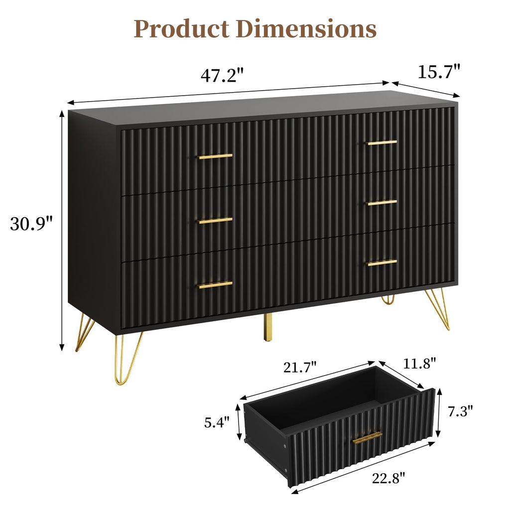 Fluted Dresser, 6 Drawer Black Dresser with Gold Handles, Modern Storage Dressers & Chests of Drawers