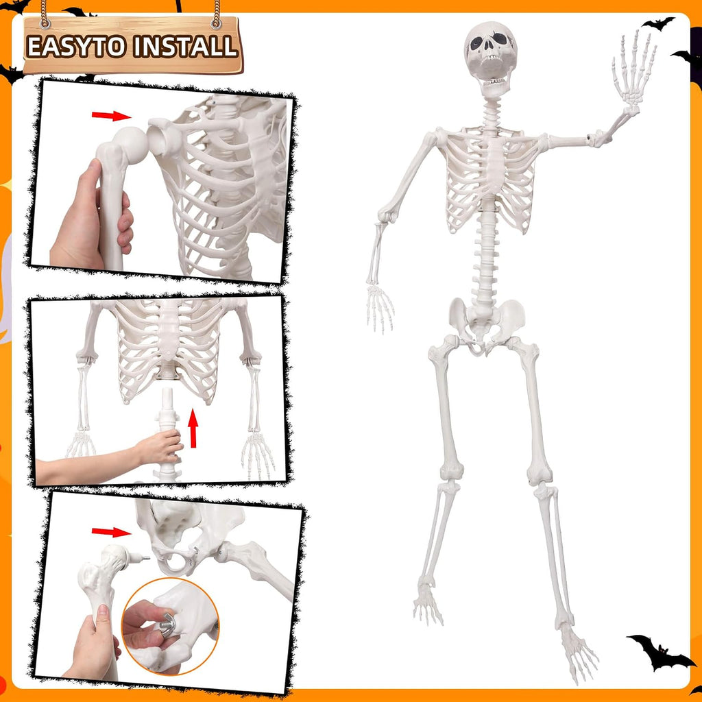 5.9Ft Halloween Skeleton with Movable Joints Plastic Skeleton Lawn Porch Decor - Set of 2