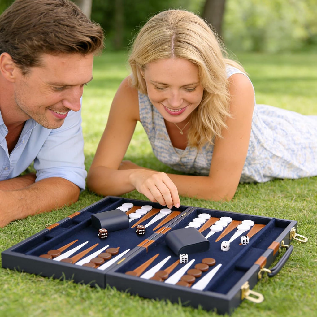 Backgammon Set - Classic Board Game with Premium PU Leather Case - Portable Travel Strategy Backgammon Game Set