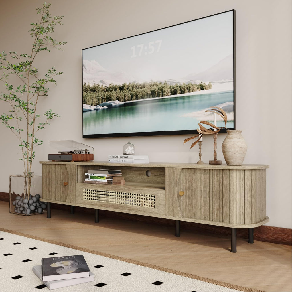 71" Mid Century Modern TV Stand, Wood TV Consoles with Sliding Doors and Rattan Door, Entertainment Center with
