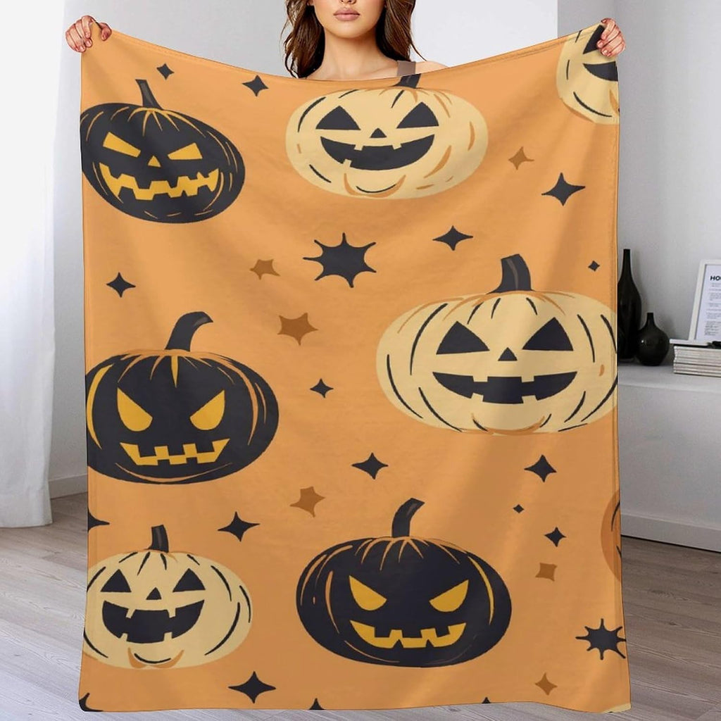 Farmhouse Checkered Pumpkin Vine Halloween Fleece Throw Blanket, Cozy Decor Blanket for Sofa Living Room Fall Holiday
