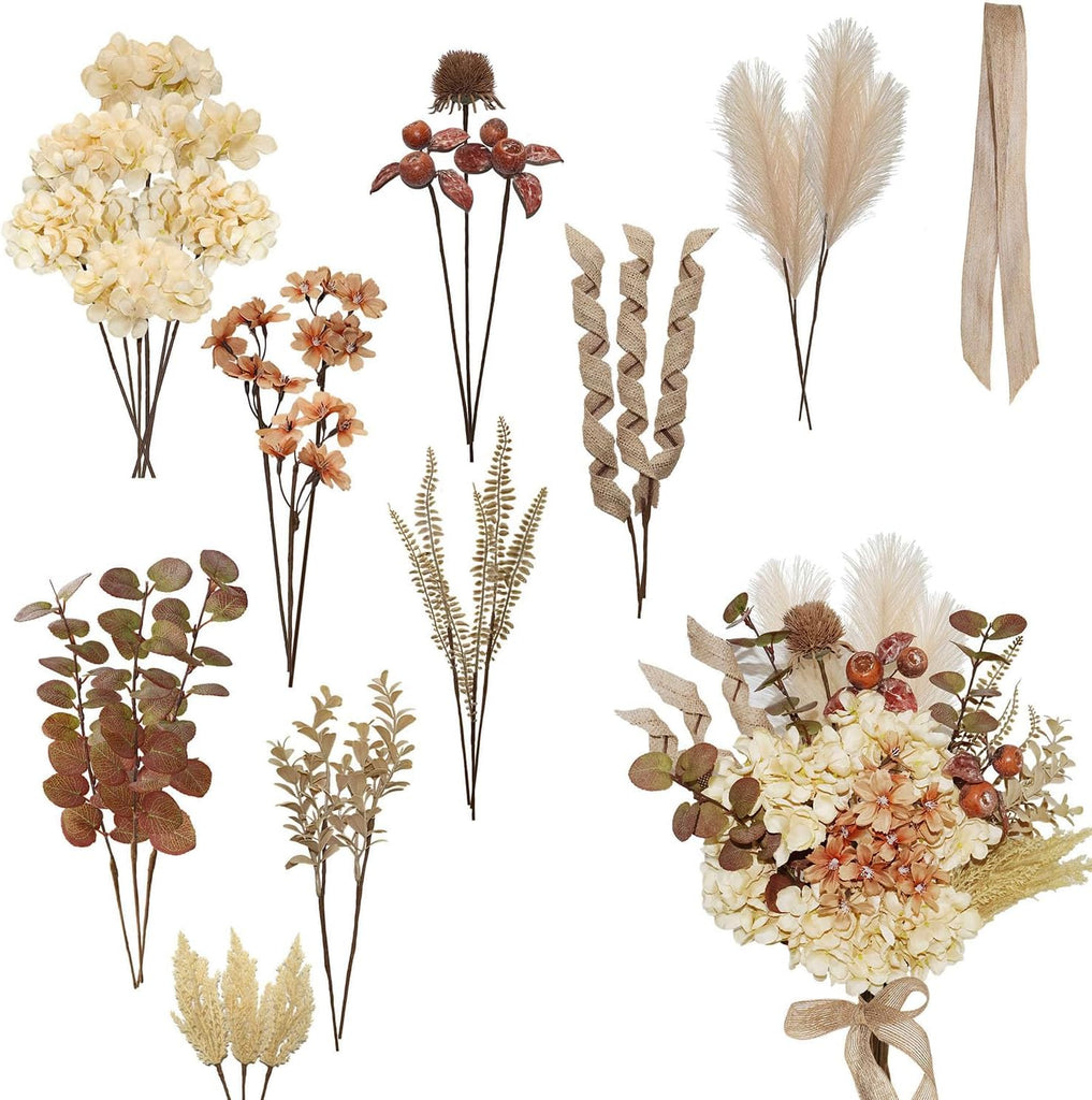 Boho Artificial Dried Hydrangea Flower Bouquet with Berries, Burlap Pampas, Burgundy & Green Ombre Leaves, Fake - Set of 28