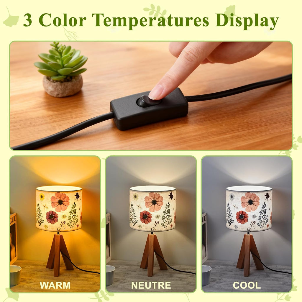Dried Flowers Tripod Table Lamp 14.96in, 9W LED Color Cute Bedside Lamp with Flowers Linen Lampshade, Kid Room
