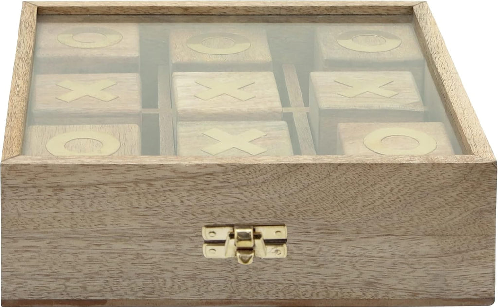 Tic Tac Toe Game Set - Handmade Wooden Board Game with Brass Inlay - Mango Wood & Glass - Casual Home Decor - Classic