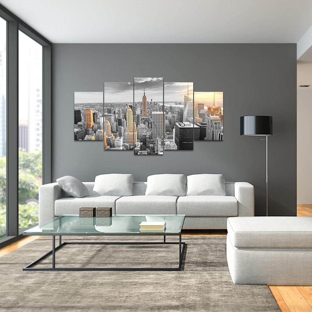 Large Size 5 Pcs New York Skyline Wall Art Canvas City in Sunrise Painting Pictures Modern Cityscape Artwork Office