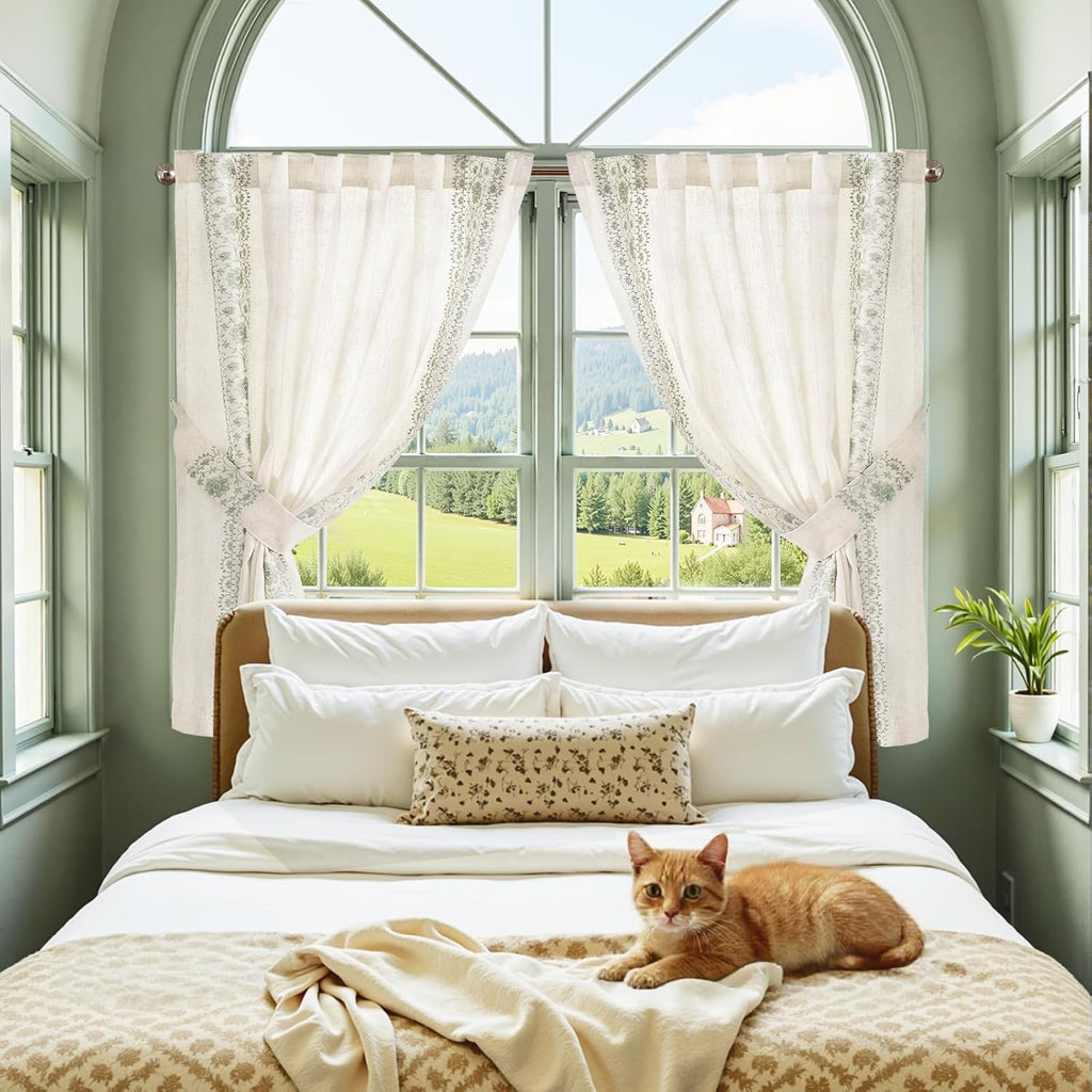 Small Window Curtains 45 Inch Length Linen Cafe Curtains for Kitchen Bathroom Bordered Floral Embroidered Short