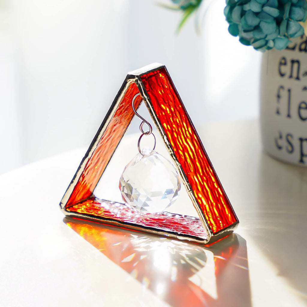 Orange Stained Glass Pyramid Suncatcher with Crystal Ball