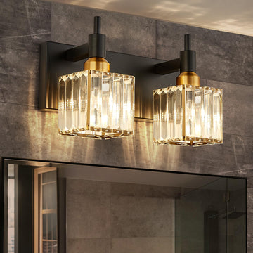 Modern Crystal Bathroom Vanity Light 2-Lights Black and Gold Bathroom Light Fixtures Over Mirror Bath Wall Sconce