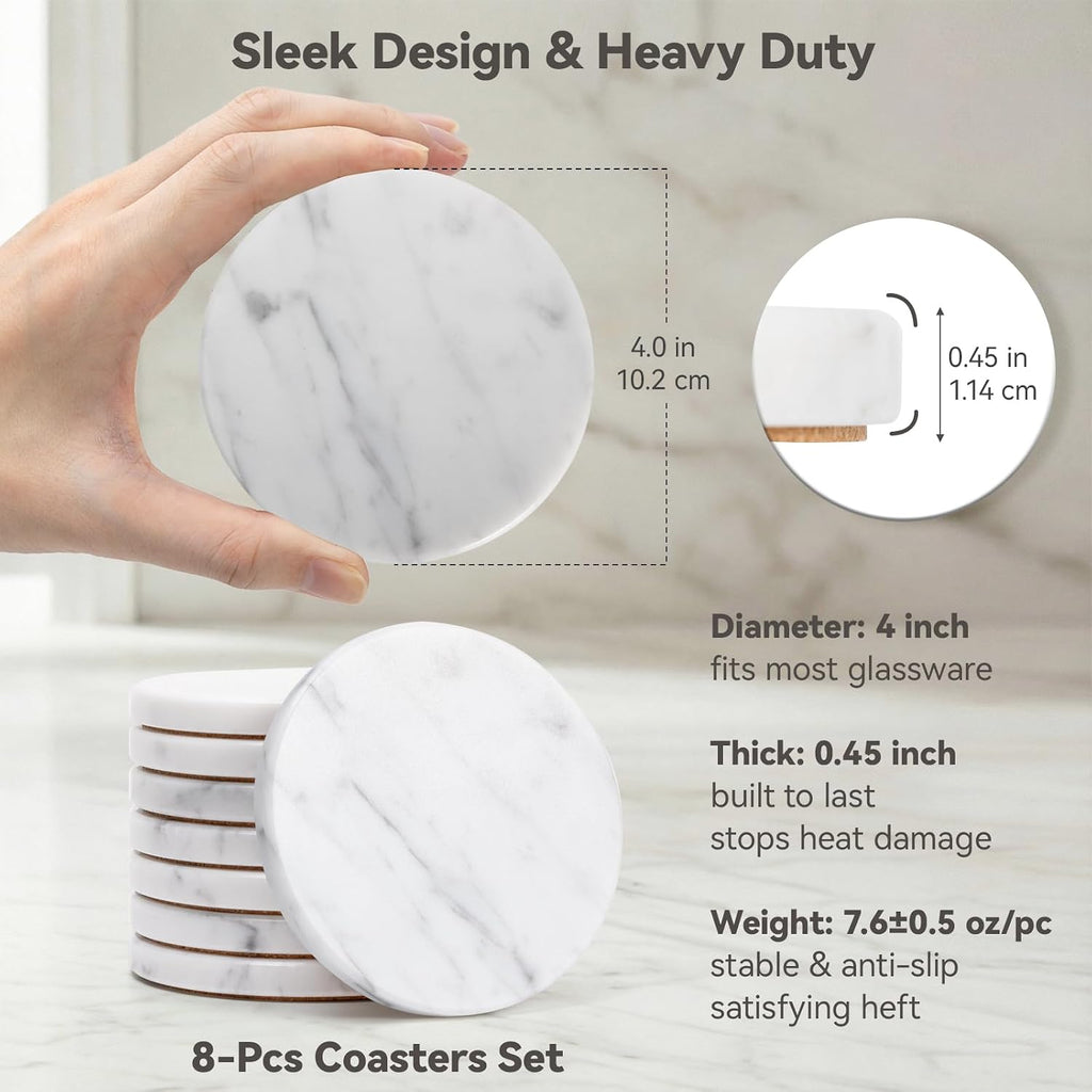 Soft White Marble Coasters, Modern Elegant Drink Coasters for Dining Table, 4" Round Polished Natural White - Set of 8