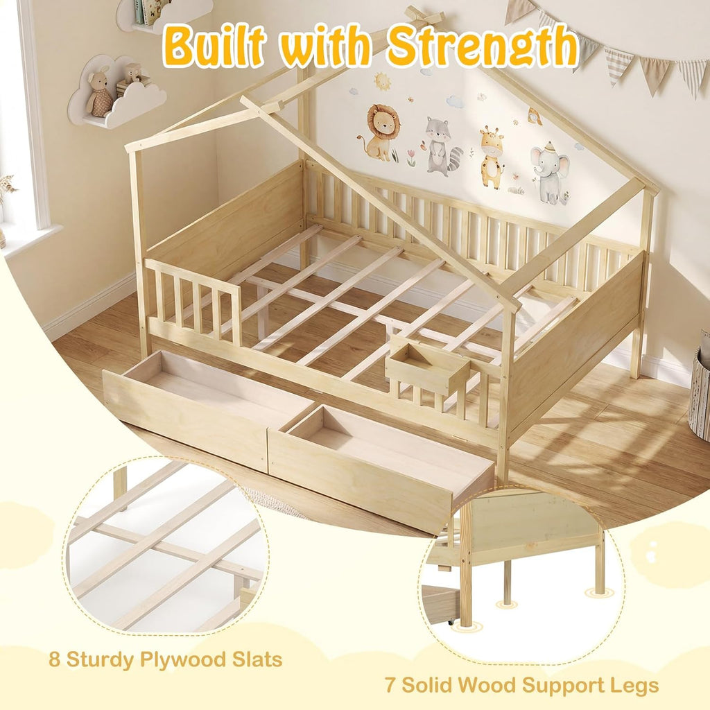 Full Size House Bed for Kids, Full Storage Bed with Roof & Fence Rails, Wood Bed Frame with Storage Box & 2 Rolling