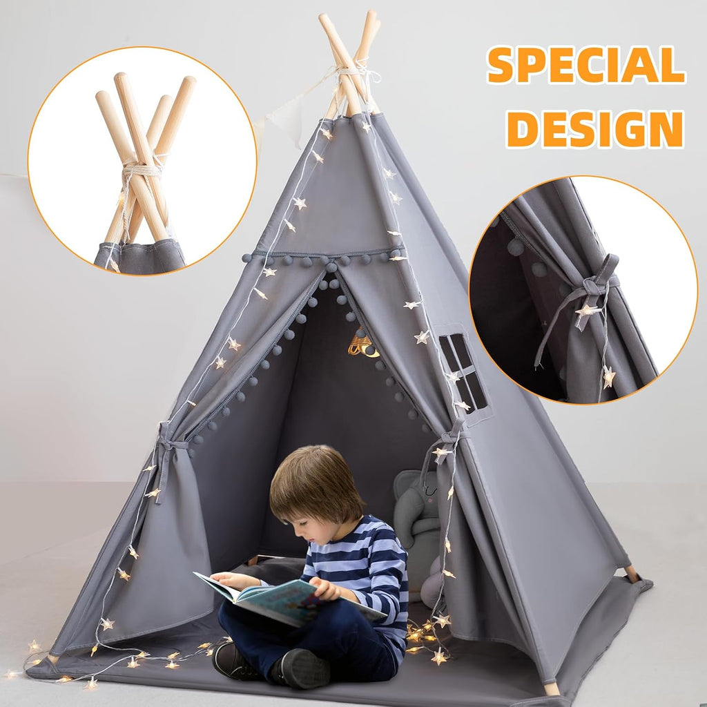 Teepee Tent for Kids with Mat, Star Lights, Carry Case, Cotton Canvas Playhouse, Foldable Tents, Portable Children