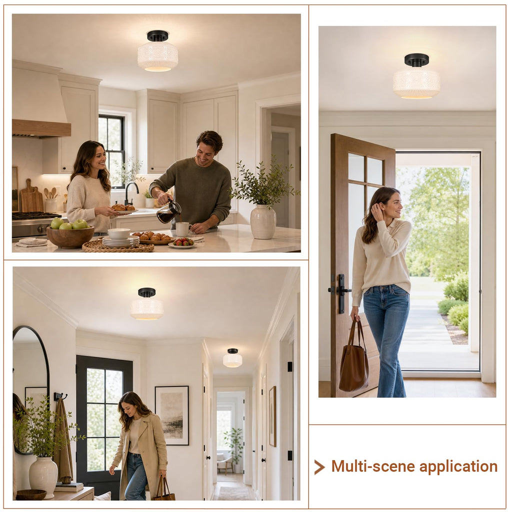 Black Semi Flush Mount Ceiling Light, Vintage Small Ceiling Light Fixture, Thickened White Glass Hallway Lighting