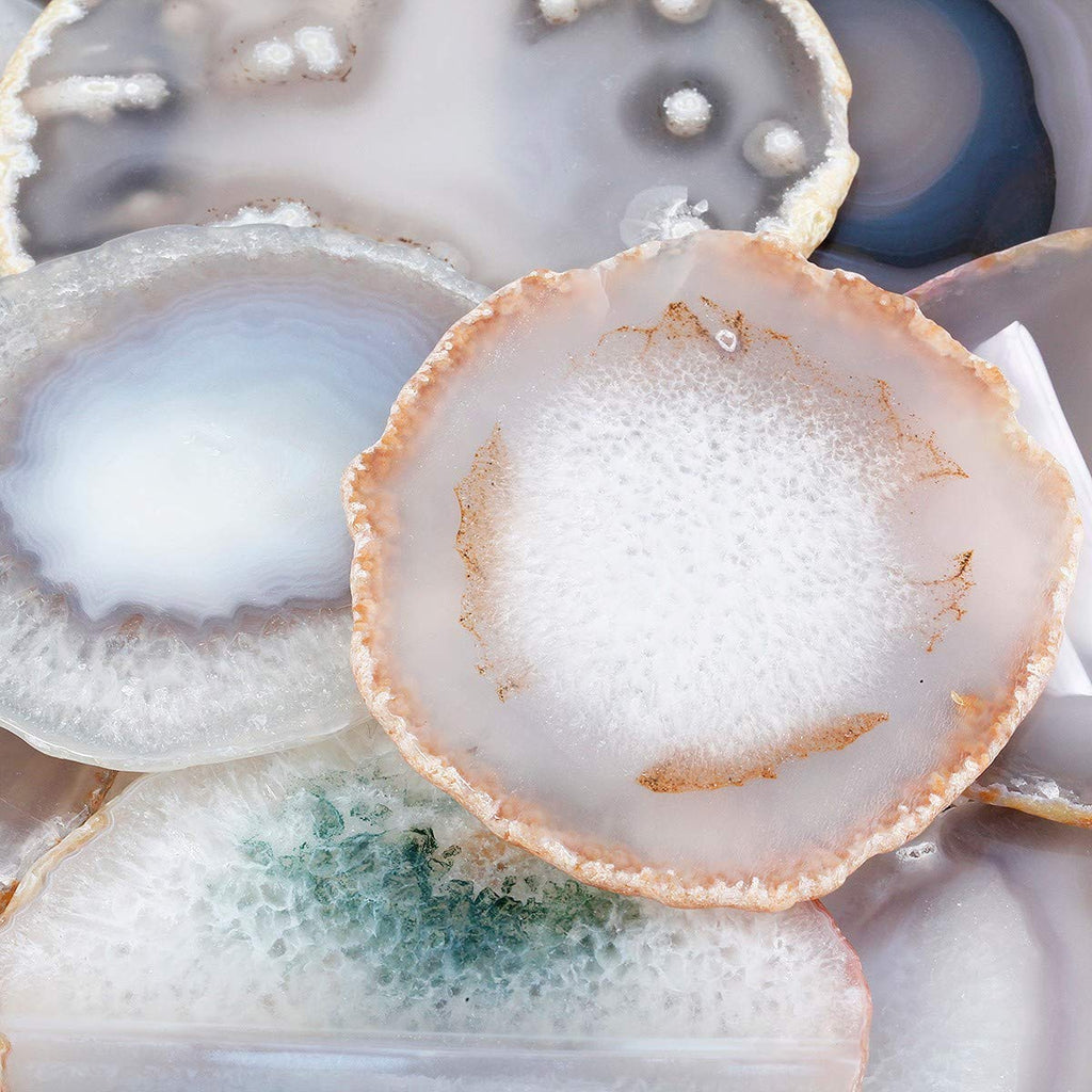 Polished Agate Geode Slices Cup Mats Coasters for Drinks Set of 2, Natural Stone Slab Place Cards for Wedding