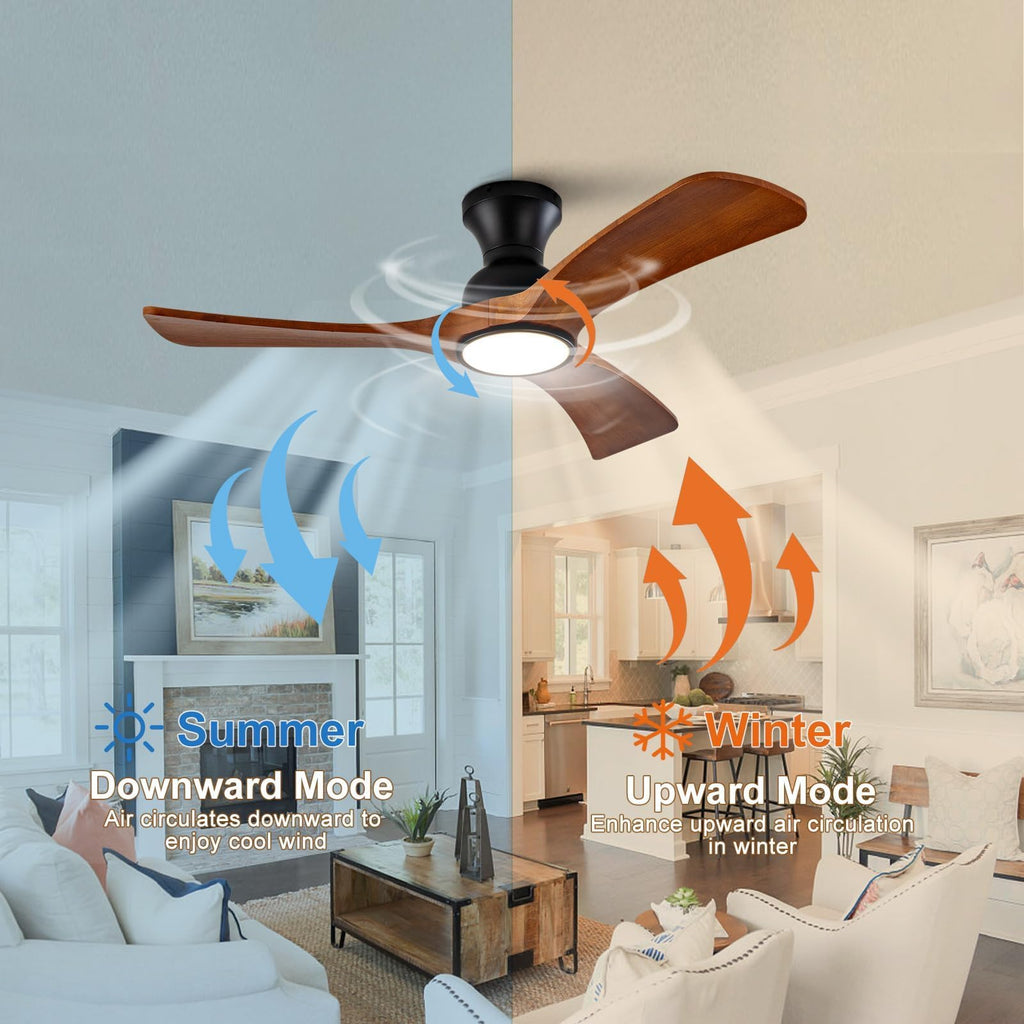 42 inch Flush Mount Ceiling Fans with Lights, Remote Control, Wall Switch, Solid Wood Blades, Dimmable, 6 Speeds