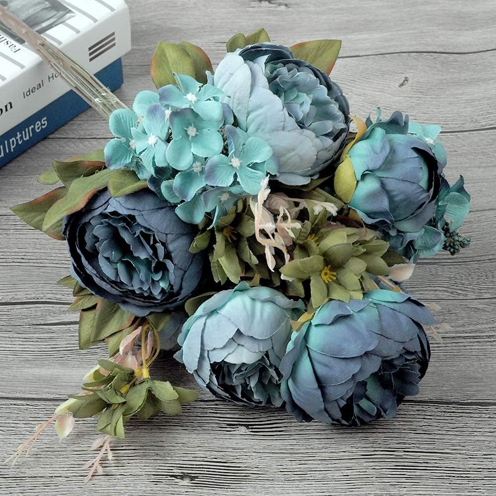 Packs of Artificial Peony Flowers Silk Peonies Dark Blue Fake Flower Bouquet Arrangements Wedding Party - Set of 2