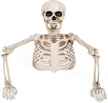 Halloween Half Skeleton Decoration with Red Glowing Eyes & Green Light-Up Body, Posable Arms, Scary Outdoor Yard