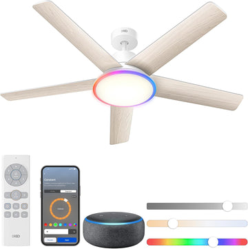 Smart Ceiling Fan with Lights, 52 Inch, 12 Speeds & 3 Fan Modes, RGBIC Light , Dimmable, 22dB Quiet DC Motor