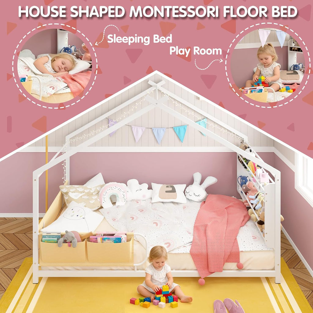House Shape Montessori House Bed with 2 Tier Wood Bookshelf