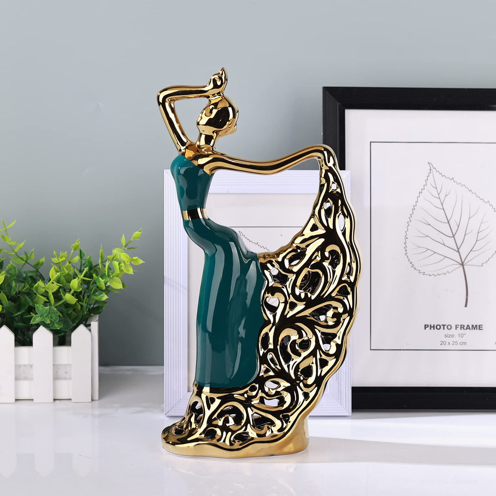 Ceramic Peacock Dancer Statue, Green and Gold Home Decor, Ballerina Sculpture, Peacock Home Decor for Room Corner