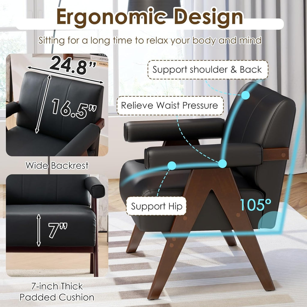 Faux Leather Accent Chairs, Wooden Arm Chairs (Black) - Set of 2
