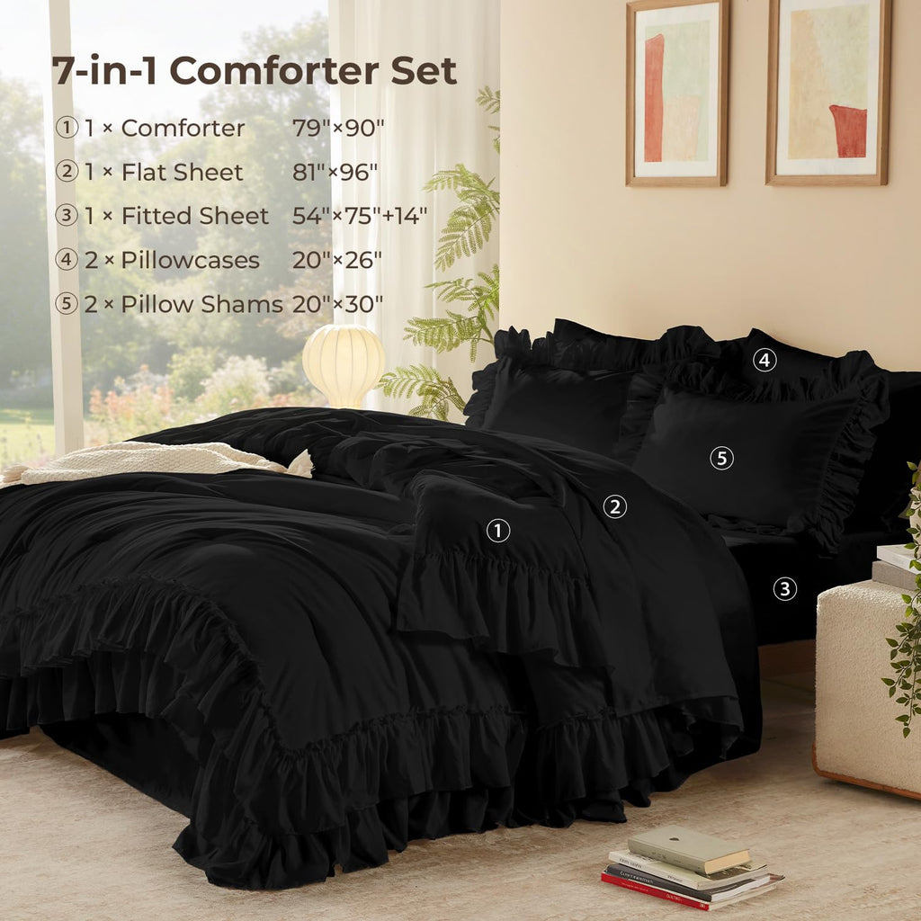 Comforter Set, 7 Pcs Black Ruffle Bed in a Bag