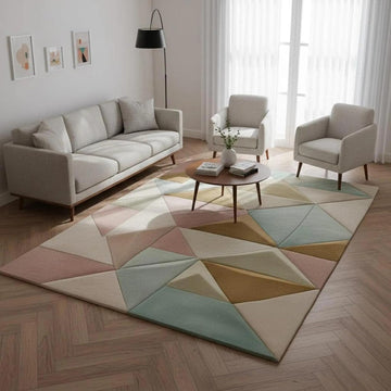 Modern Hand Tufted Wool Area Rug - Pastel Geometric Triangle Floor Carpet for Scandinavian Living Room, Bedroom