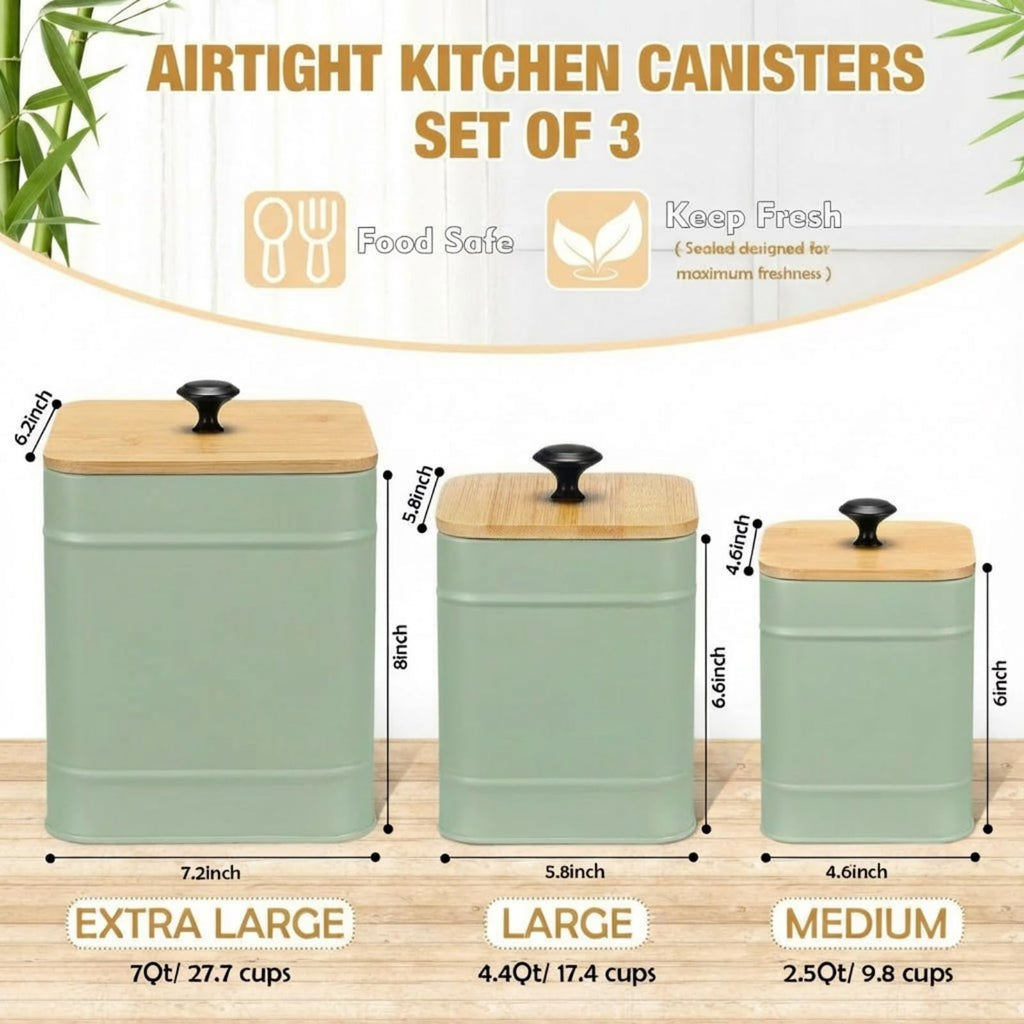 Kitchen Canister Set of 3 with Airtight Bamboo Lids Spoon, Green, XL, L, M