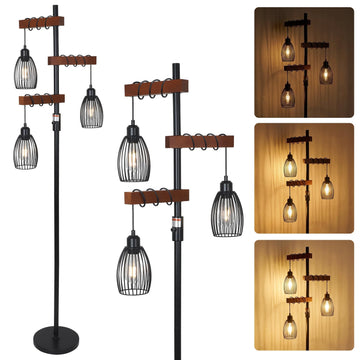 Industrial Floor Lamps, Stable Standing Lamp with Metal Cage Shade, Wood Floor Lamp Reading Office, Dimmable Tall