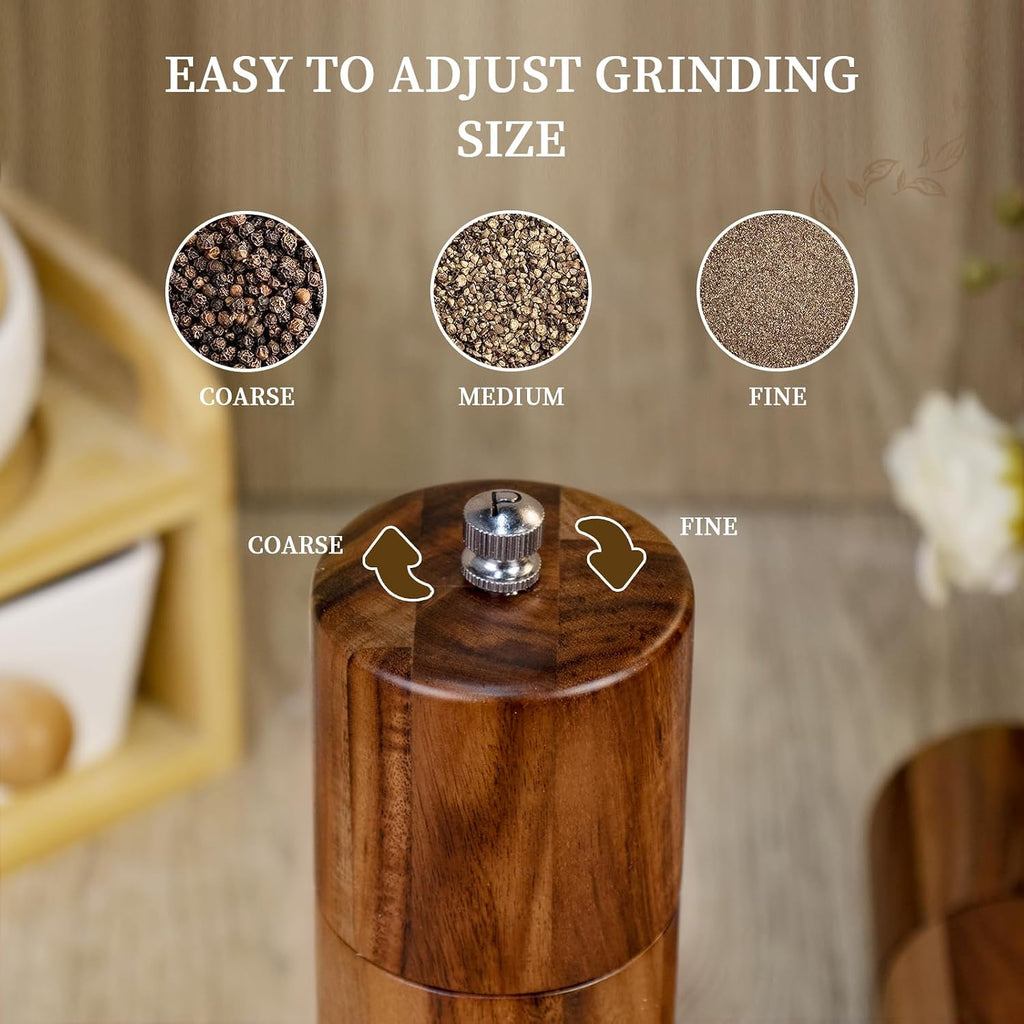 Acacia Wooden Salt and Pepper Grinder Set 8 Inches Refillable - Set of 2