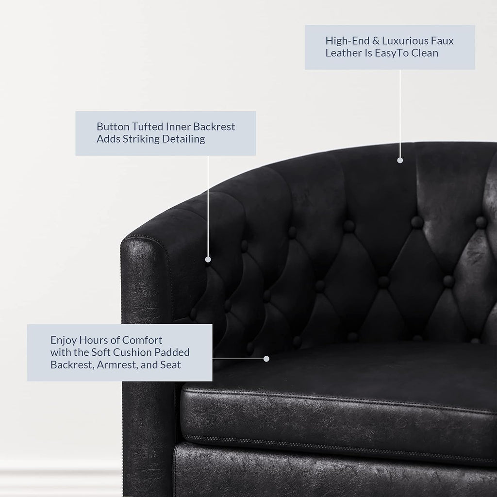 Black Accent Chairs, Elegant Arm Chair Upholstered Tufted Barrel Chair Club Chair with Sturdy Legs and Faux Leather