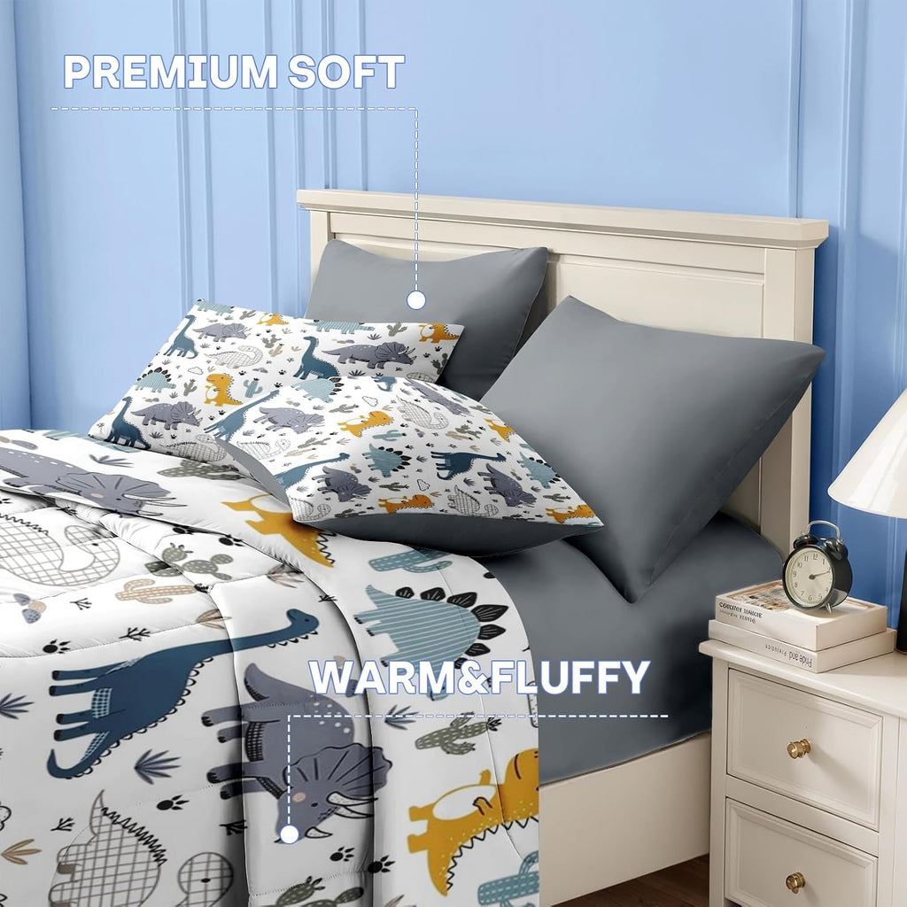 7 Pcs Comforter Set Full, Cute Dinosaur Dino Bedding for Kids Teen, Blue Yellow Dragon with Fitted Sheet 2