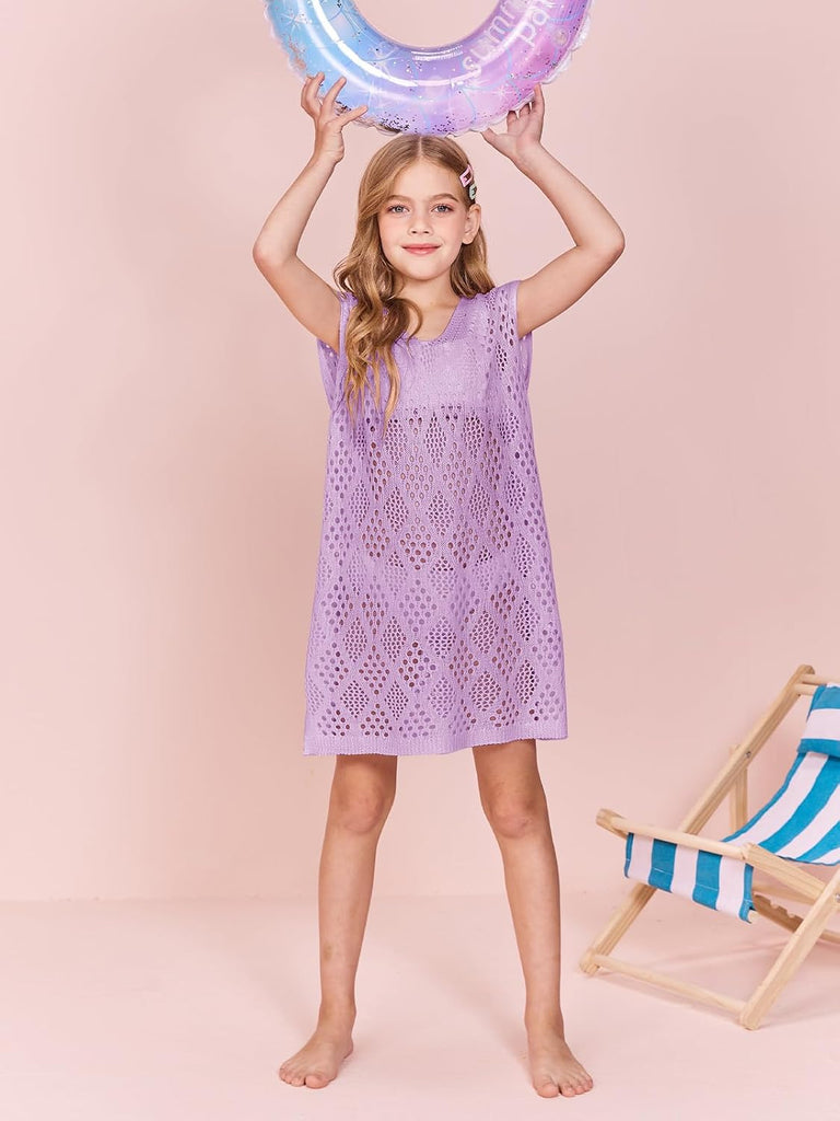 Girls Hollow Out Knitted Swimsuit Cover Up Kids Fashion Split Hem Coverups Beach Dress