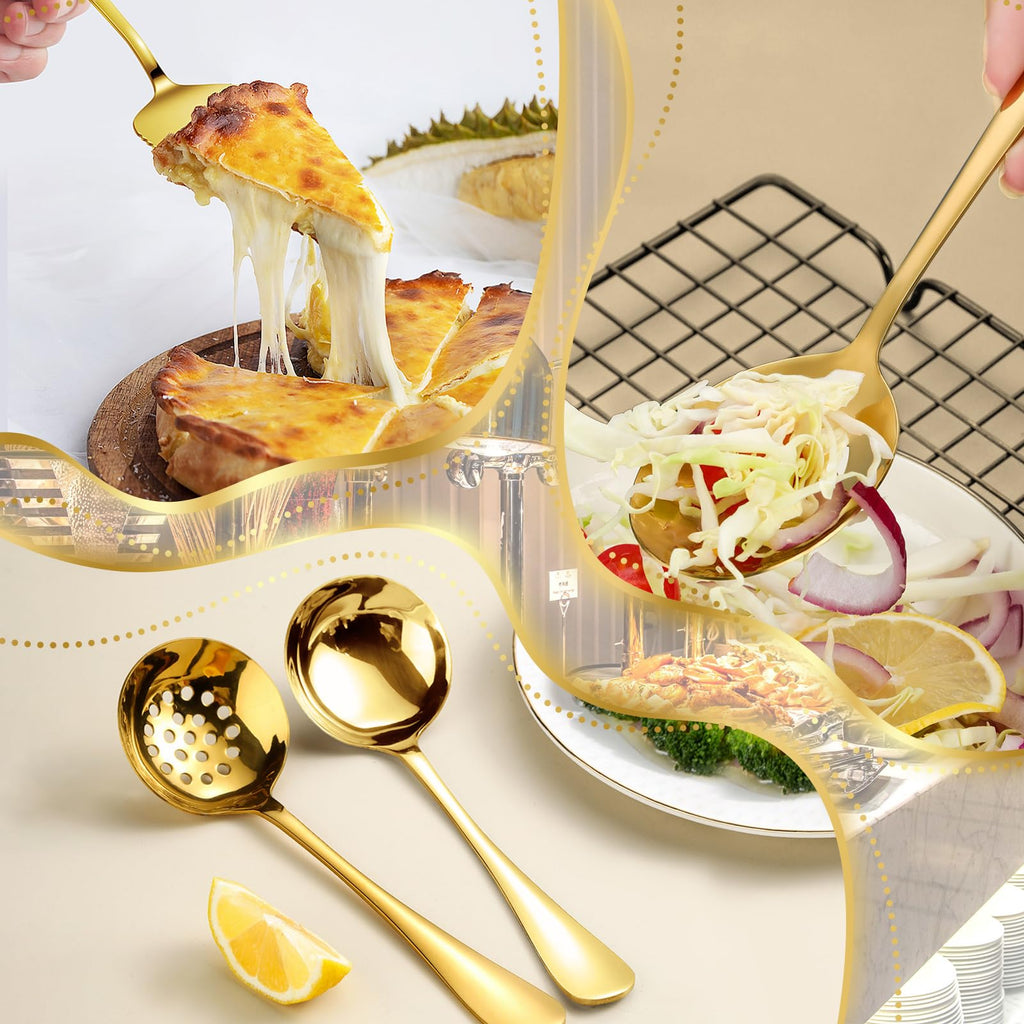 Gold Serving Utensils Set, Stainless Steel Buffet Serving Spoons with Tongs Forks Ladle - Dishwasher Safe