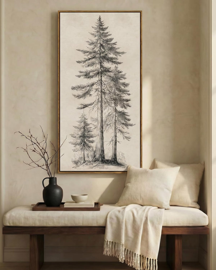Extra Large Framed Vertical Wall Art, Sketch Tree Decor, 20x40inch