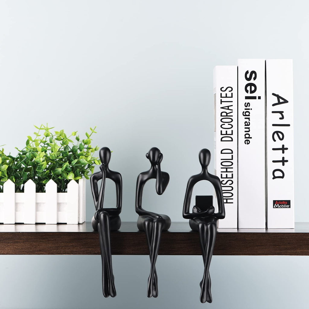 Resin Reading Sculpture - Black Sitting Thinker Statue - Abstract Sculptures, Bookshelf Decor Accents - Home Office