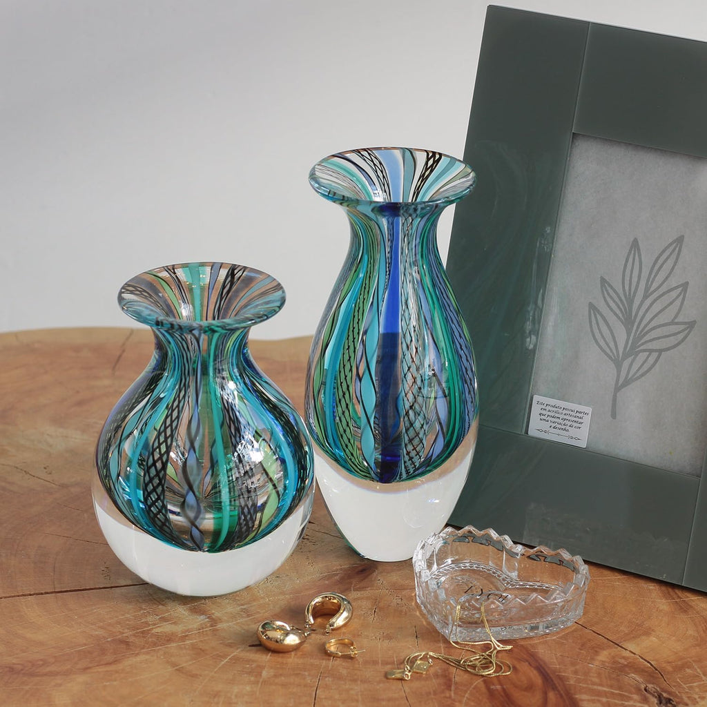 Murano Style Glass Vases Hand Blown Blue Canes Boho Effect Home Decor - Set of 2