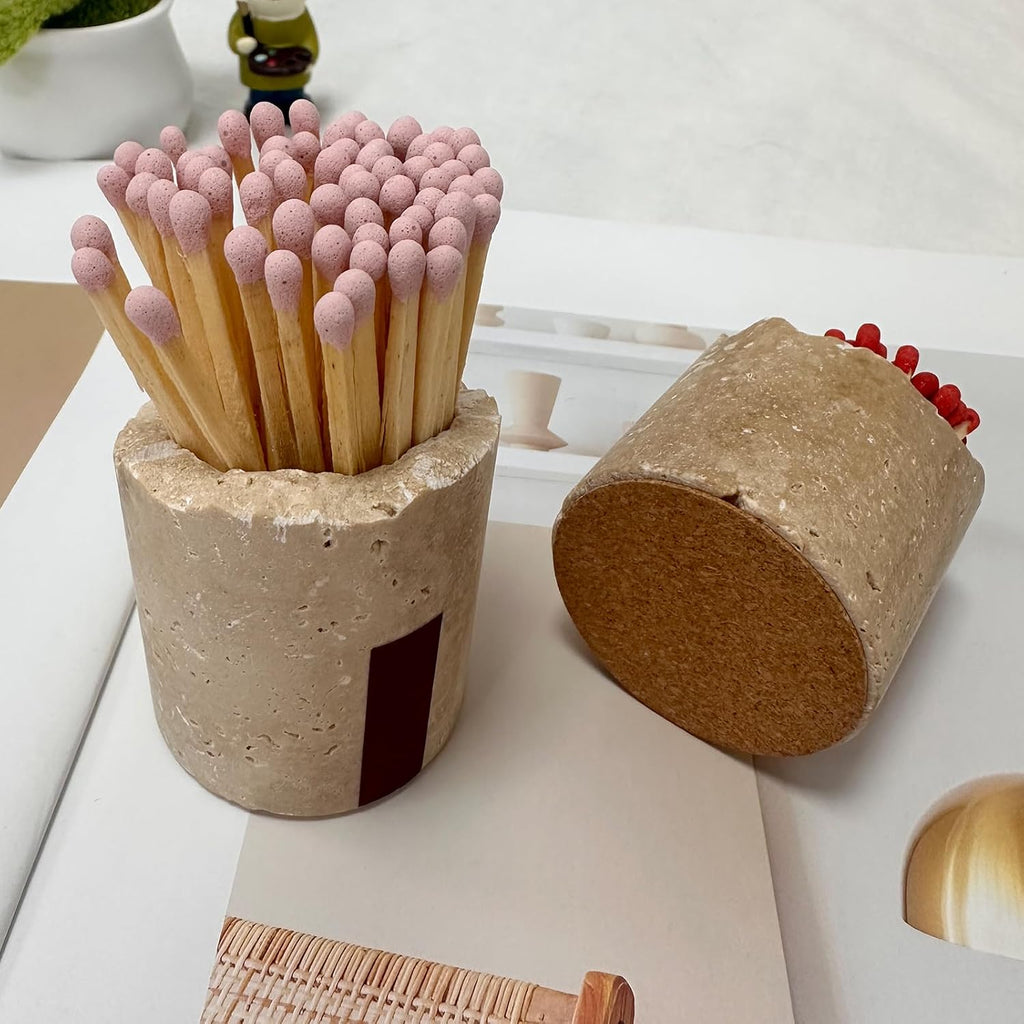 Natural Travertine Stone Match Holder with Striker, Irregular Raw Edge Decorative Match Storage Jar, Matchstick - Set of 2