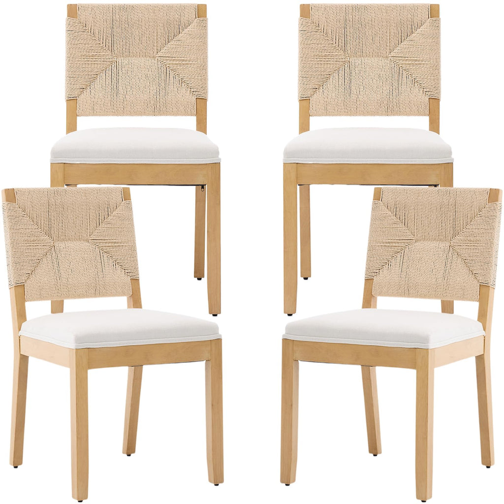 French Country Dining Chairs Set of 4, Beige Farmhouse Wood Dining Room Chairs, Woven Back Linen Upholstered Dining