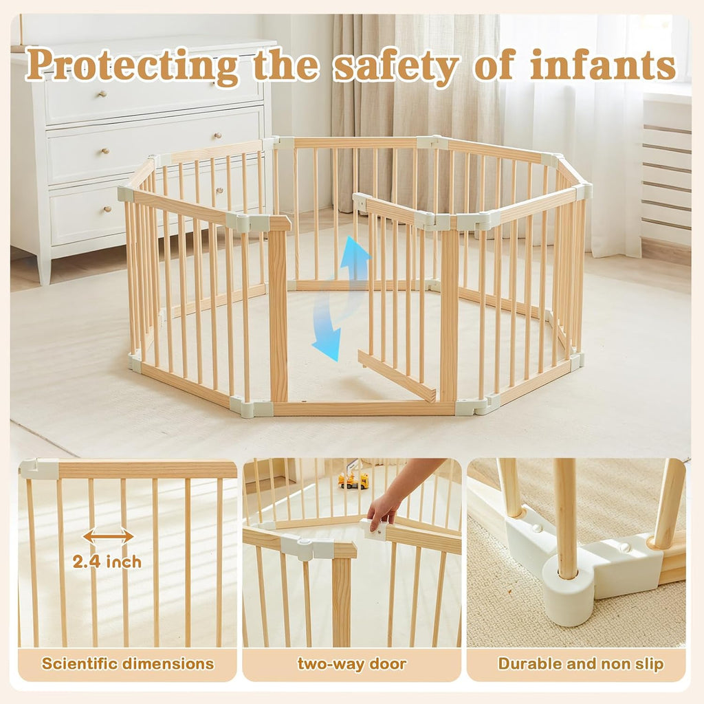 Baby Playpen, Wooden Play Yard with Gate, Playpen for Babies and Toddlers, Baby Activity Center with Child-Proof