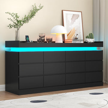 12 Drawer Dresser with Power Outlet, Modern Dresser with LED Light | Chest of Drawers for Closet, Double Wide Drawer