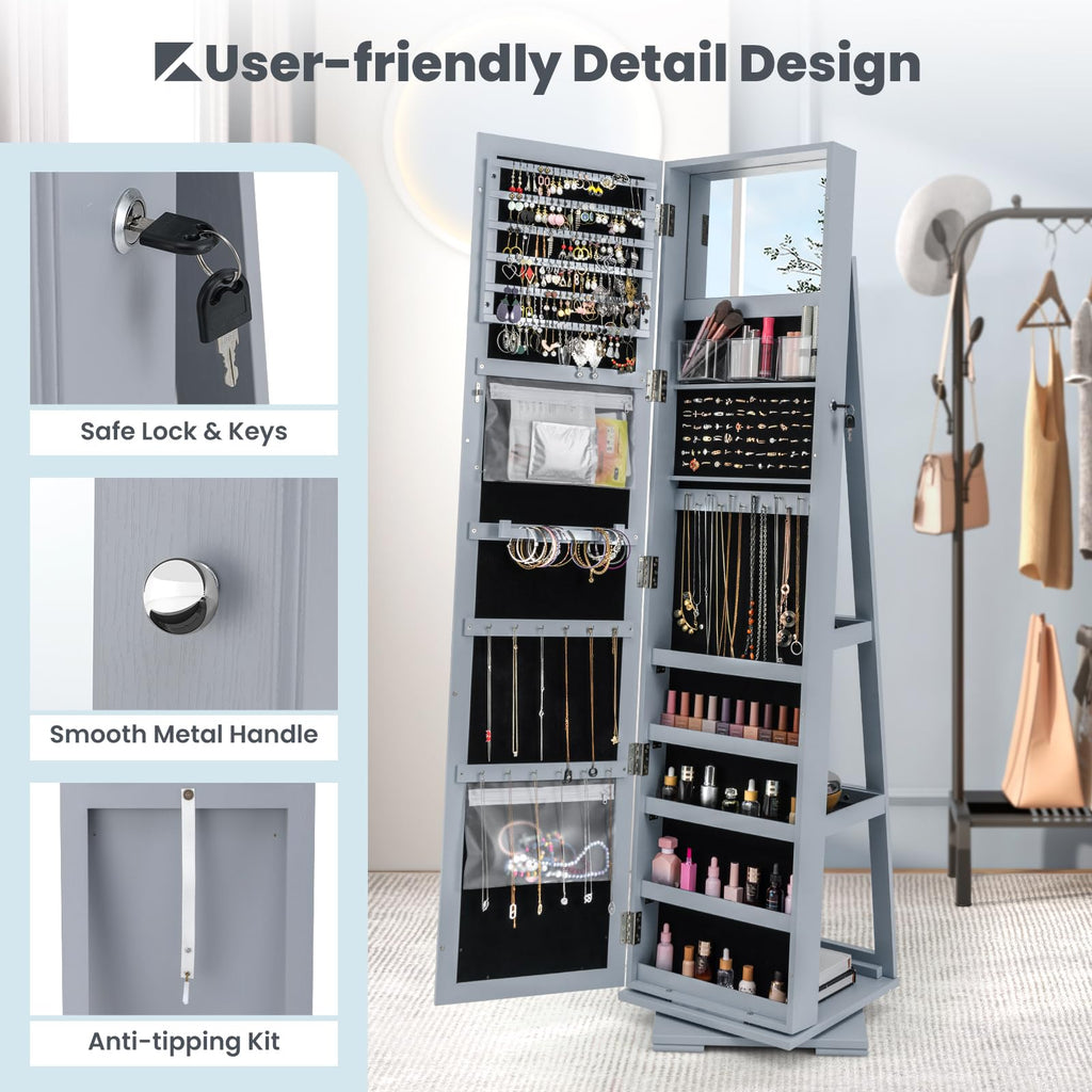 360 Rotating Jewelry Armoire Cabinet, Standing Jewelry Organizer w/Full-Length Mirror & Large Storage Space, Lockable