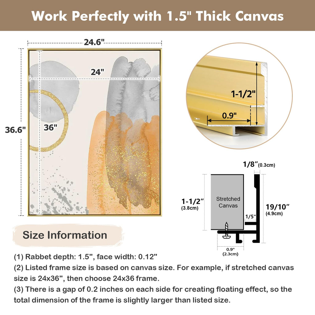 Gold Floating Frame for 24x24 Canvas Paintings Modern Art, 1.5" Deep