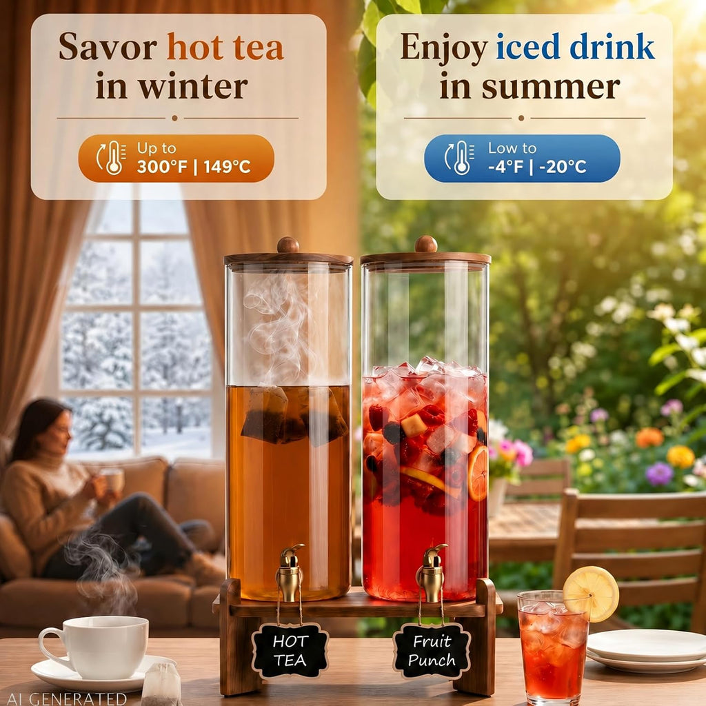Gallon Glass Drink Dispenser with Spigot & Acacia Wood Stand & Lid - Set of 2
