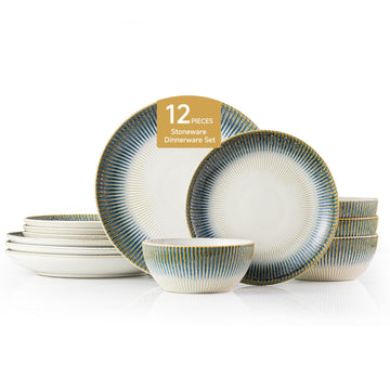 12-Piece Stoneware Dinnerware Set, Blue Reactive Glaze for 4