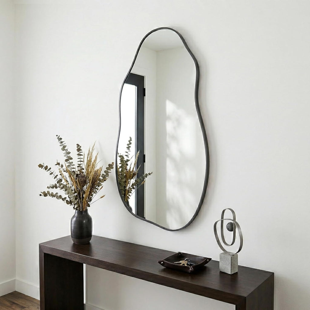 Irregular Wall Mirror 30"x16.5", Small Asymmetrical Mirror for Wall Decor, Matte Black Rust Proof Aluminum, Tempered