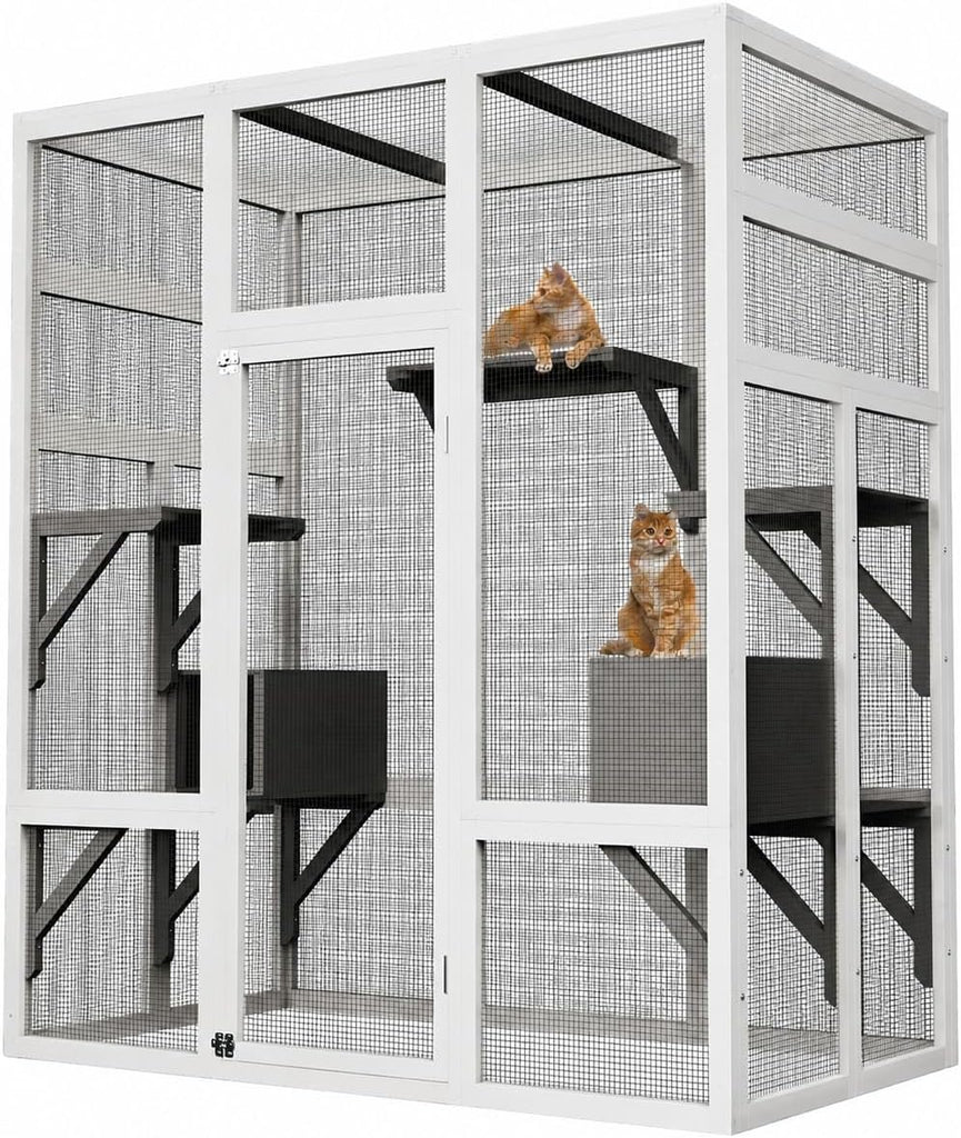 70" Large Catio Cat Enclosure, Wooden Patio Cat House, Gray