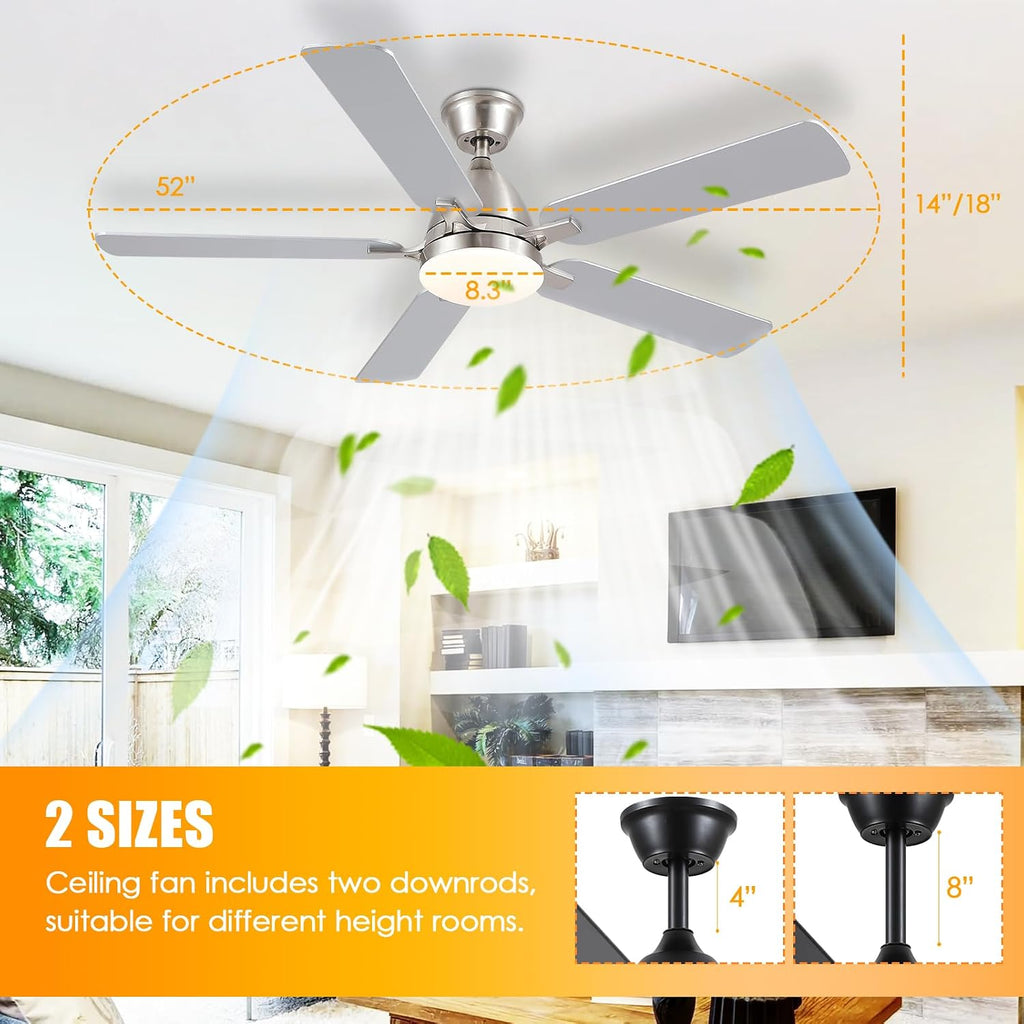 Ceiling Fans with Lights, 52 Inch Low Profile Ceiling Fan with Light and Remote Control,Reversible, 3CCT, Dimmable, Quiet, Brushed Nickel Ceiling Fan for Bedroom Indoor/Outdoor Use A101-B0D8BC4CC6