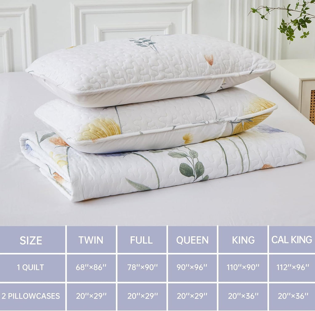 Floral Quilt Set Queen 3 Pieces Blue & Yellow Quilts Bedding Set Bohemian Bedspread Bed Cover Lightweight Spring