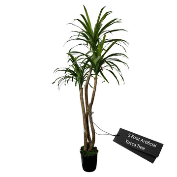 Handmade 5ft Artificial Yucca Plant | Tree with Real Wood Trunks, Hypoallergenic, 5 Foot, Green