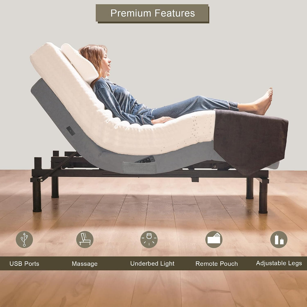 King Adjustable Bed Base - Dual Massage - USB Ports - Zero Gravity - Underbed Light - Wireless Remote - Zero